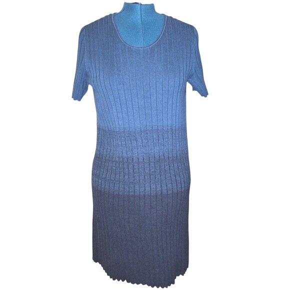 Peruvian Connection Textured Knit Pima Cotton Cap Sleeve Midi Dress Teal Ombre L - Picture 2 of 7